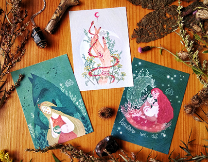 Set of postcards about magic, friendship and summer