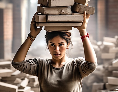woman is carrying bricks on her head while working