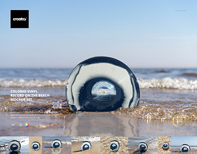 Colored Vinyl Record on the Beach Mockup Set
