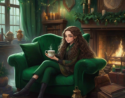 Slytherin girl by the fireplace at Christmas