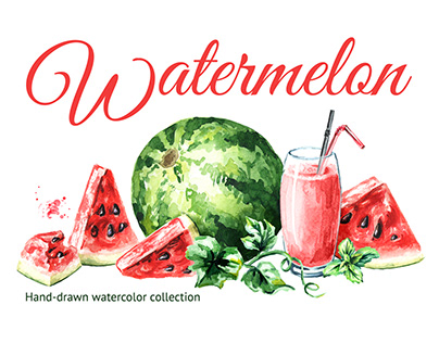 Fresh Watermelon summertime snack. Watercolor hand draw