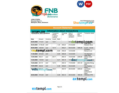 Botswana First National Bank statement Word PDF