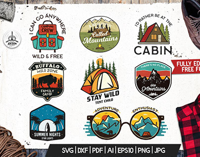 Camping Adventure Badges, Retro Travel Logos Set