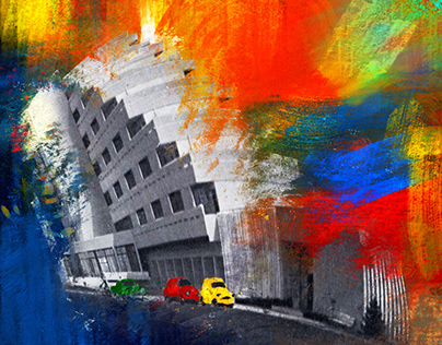 Abstract drawing with soviet building