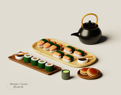 Sushi set with dorayaki and tea