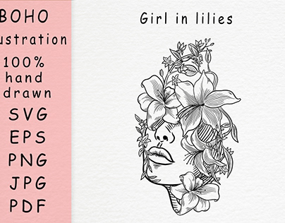 Boho illustration / girl in lilies