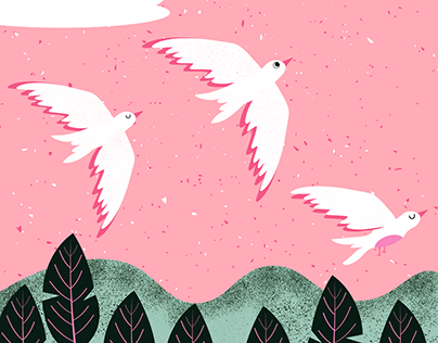 White Birds, Pink Sky, and Green Meadows