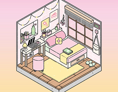 Isometric room fit for a k-drama lead (coloring page)