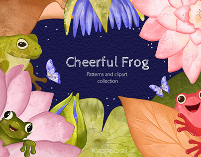 Cheerful frogs seamless pattern, frog, flower clipart