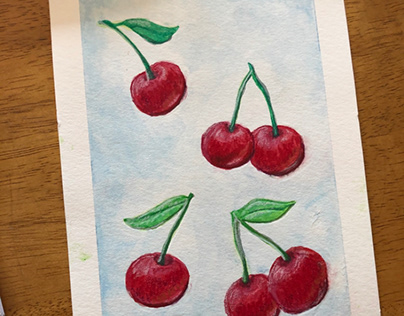 Watercolor and colored pencil cherries