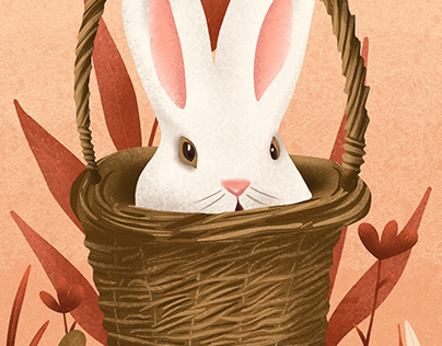 Happy Easter! Cute bunny in a basket.