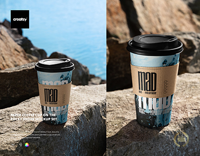 Paper Coffee Cup on the Rocky Shore Mockup Set