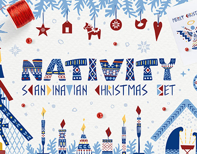 Scandinavian nativity christmas illustration set