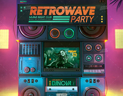 Retrowave Flyer 1980s Vaporwave Boombox Template