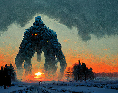 giant colossus horror winter sunset