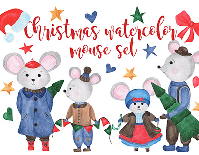 Christmas watercolor set with a mouse