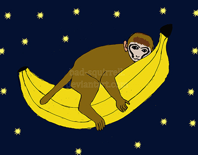Baby monkey riding on a banana through space