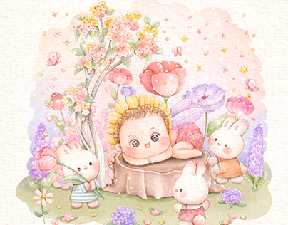 Baby, Bunnies in their Flower Garden