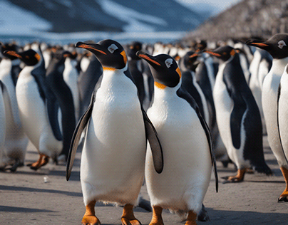A colony of penguins, waddling in a comical parade