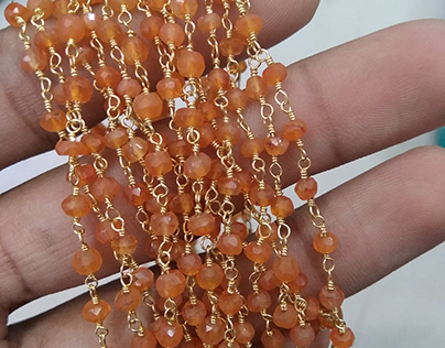 Natural Orange Carnelian Beaded Gold Rosary Chain
