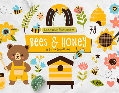 Bees, Honey Cartoon Vector Clipart, Patterns