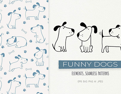 Funny Dogs. Patterns and graphic elements