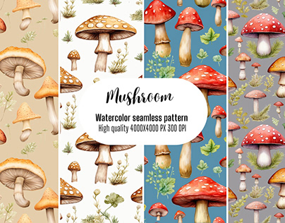 Mushroom watercolor seamless pattern