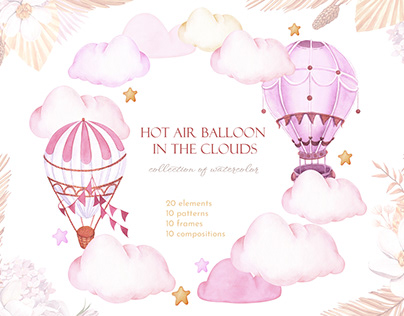 Hot air balloon in the clouds collection illustration