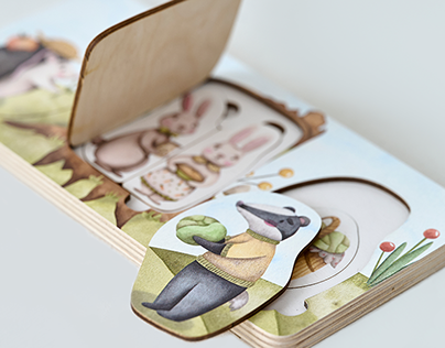 Illustrations for a wooden puzzle with bunnies