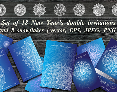 Set New Year's double invitations and snowflakes