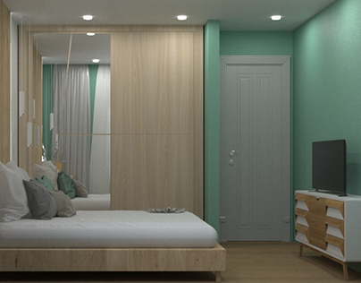 Light bedroom design with a large mirror