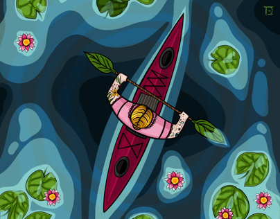 Kayaking through water lillies