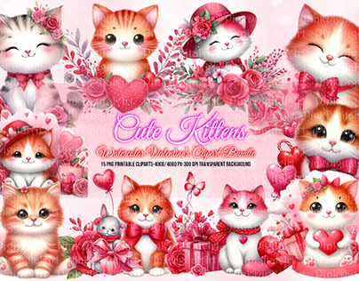 Watercolor Cute Valentines Kittens Clipart Bundle