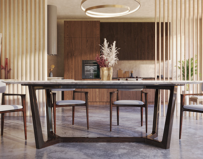Lifestyle CGI of a Wooden Table with a Marble Top