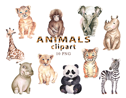 Watercolor Safari Baby Animals Clipart PNG