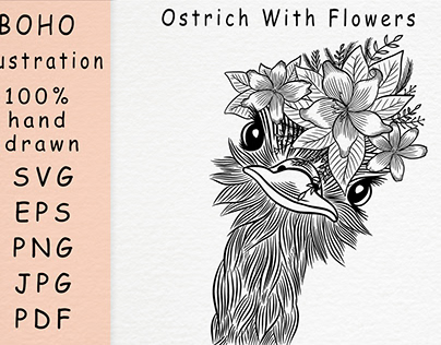 Boho illustration / Ostrich with flowers
