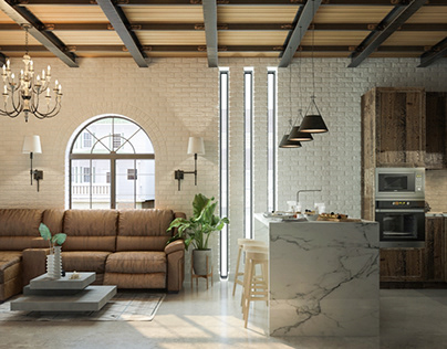 Loft design - living room with island kitchen