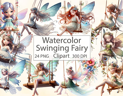 Watercolor Swinging Fairy Clipart