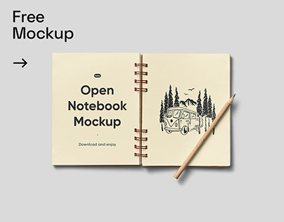 Free Open Notebook with Pencil Mockup
