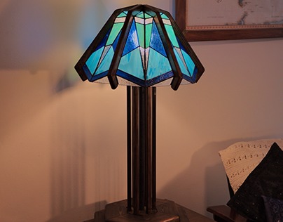 Blue Stained Glass Lamp With Wood Structure