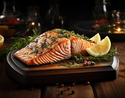 grilled salmon with pieces of lemon and seasonings