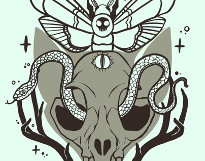 Cat skull, snake, death head moth, third eye, antlers