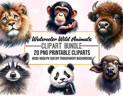 Watercolor Wild Animals ClipArt Bundle