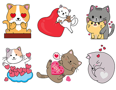 Romantic Cats, Kawaii Style, Vector Illustrations