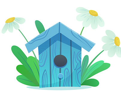 Blue birdhouse in the grass and daisies.