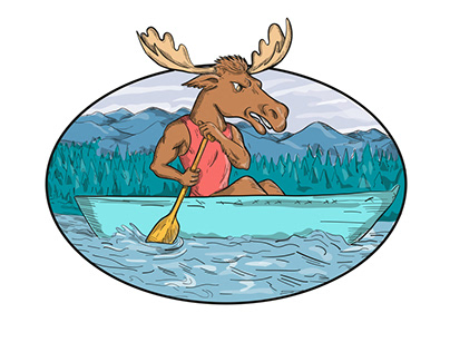 Moose Paddling Canoe Drawing Oval
