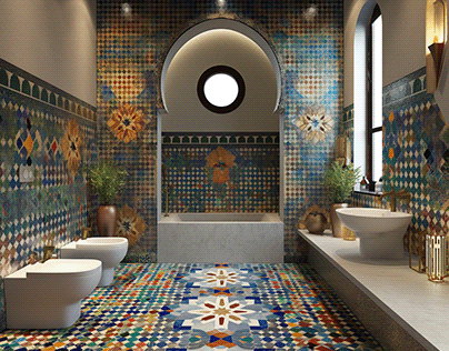 A Digital Rendering of a Moroccan-Inspired Bathroom