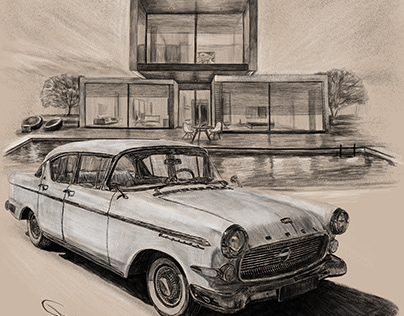 Car & House Portrait - black and white drawing