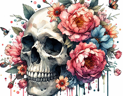 Skull With Flower Hand Drawn Watercolor Illustration