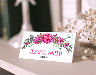 Place card design with magenta peonies